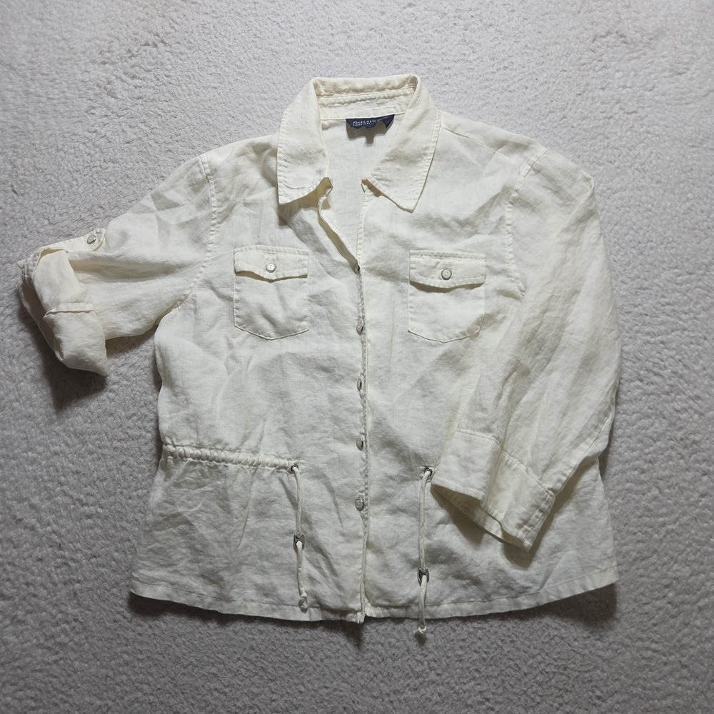 Jones New York‎ Off White 100% Linen Roll Tab Sleeve Top Size Large Button Up